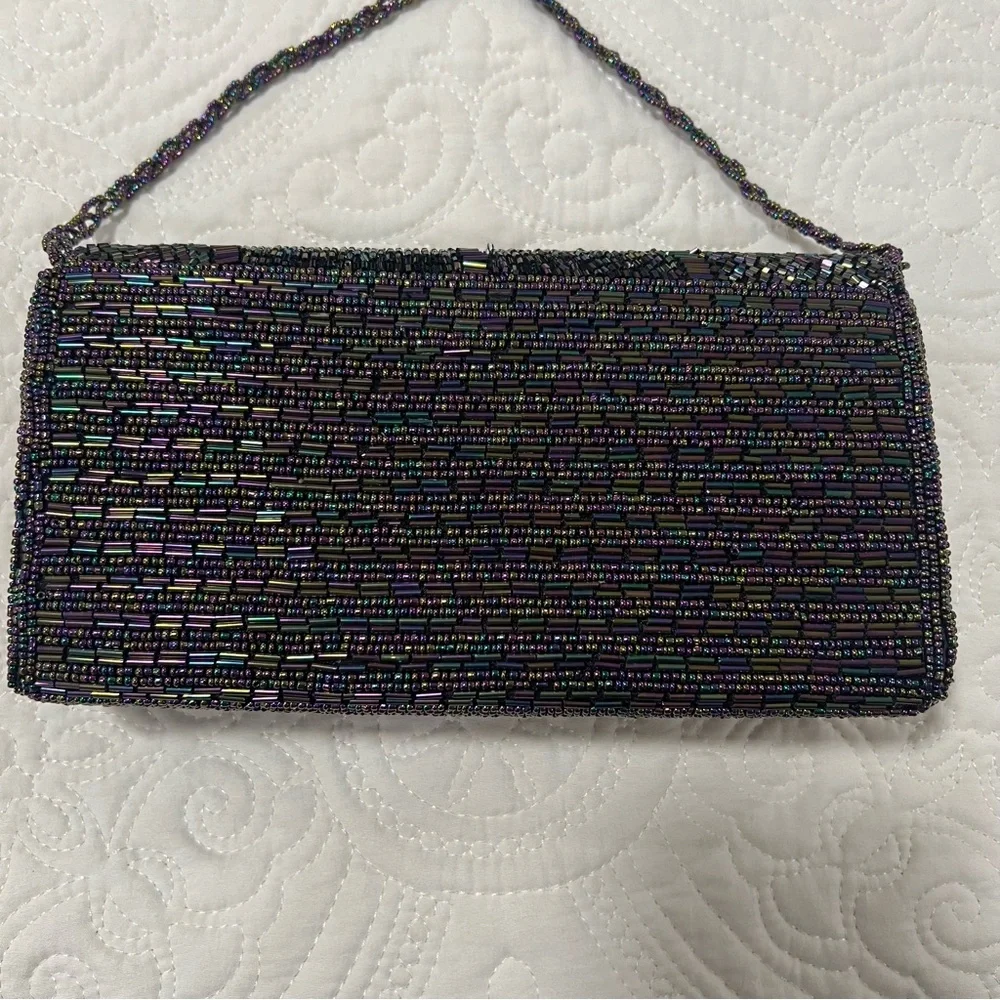 VTG Black Iridescent Beaded Evening Bag Clutch/Crossbody Purse 90s multi color